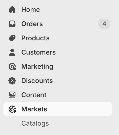Market menu Shopify Admin panel