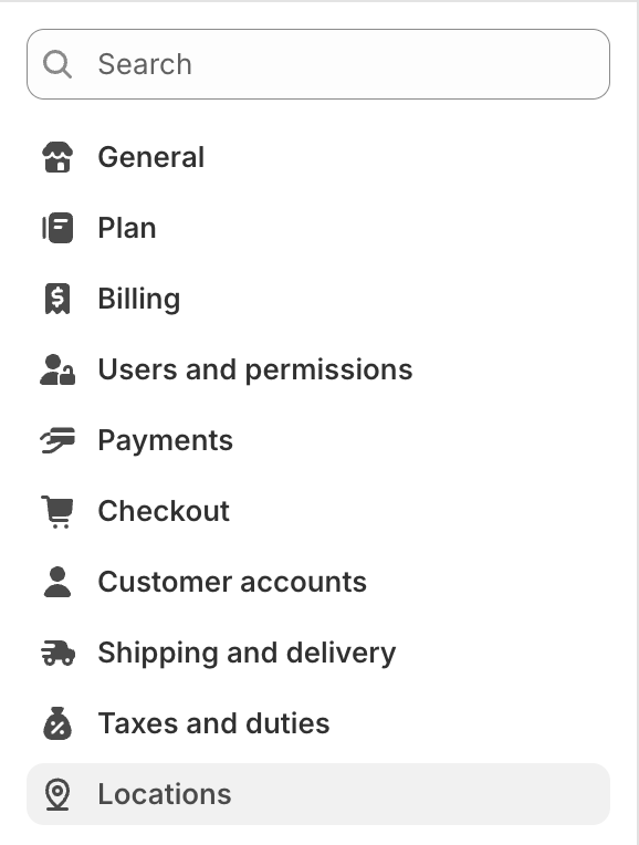 Tirgus izvēlne Shopify administrācijas panelī